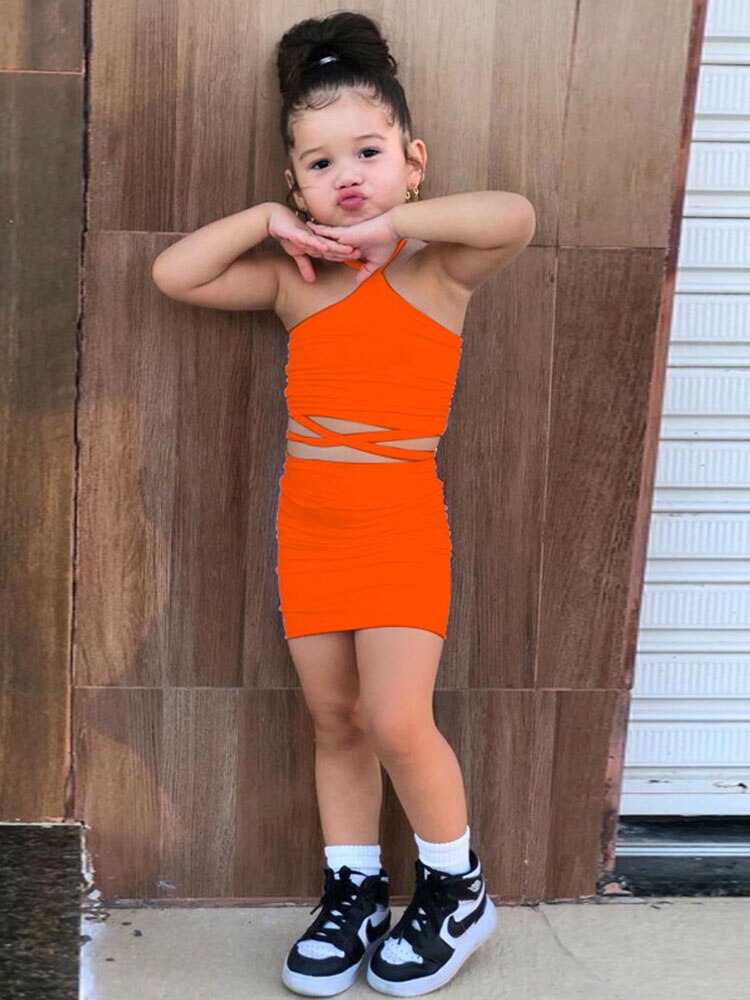 2023 Summer Kids Clothes Sets 2 piece Criss Cross Halter Crop Tops+Skirts Suits Bandage Neon Green Skirts Sets For Girls 1-8Y