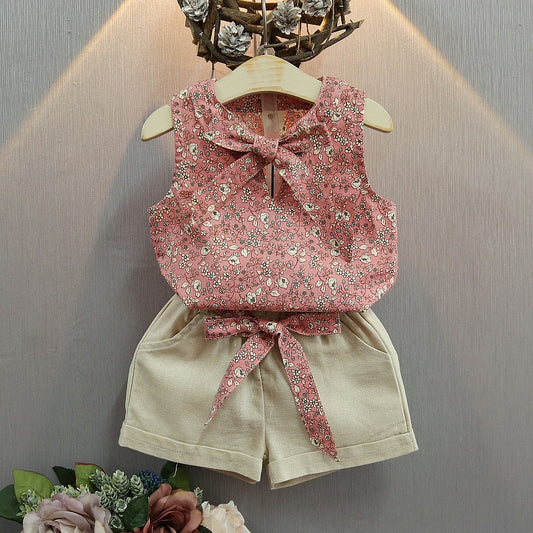 Flower pattern vest cloth + denim short casual fashion