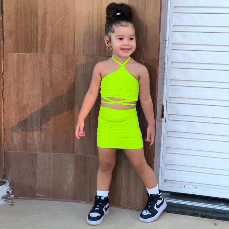 2023 Summer Kids Clothes Sets 2 piece Criss Cross Halter Crop Tops+Skirts Suits Bandage Neon Green Skirts Sets For Girls 1-8Y