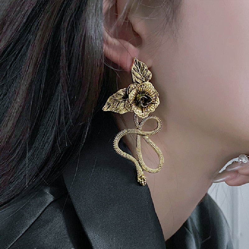 Snake And Rose Big Statement Earrings